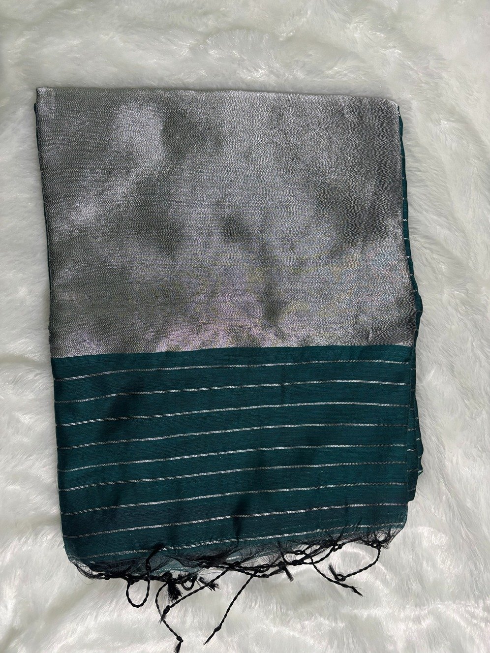 Teal Green Silver Zari Linen Silk Saree